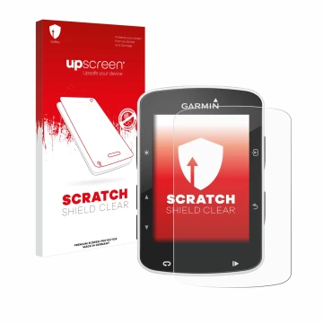 Face avant d’un emballage produit avec le logo de la marque upscreen. À côté, l’appareil Garmin Edge 820 est représenté avec l