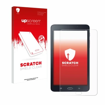 Face avant d’un emballage produit avec le logo de la marque upscreen. À côté, l’appareil Samsung Galaxy Tab A6 7.0 est représe
