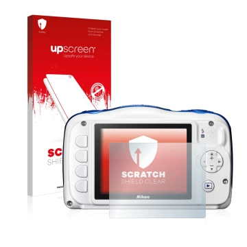 Face avant d’un emballage produit avec le logo de la marque upscreen. À côté, l’appareil Nikon Coolpix W100 est représenté ave