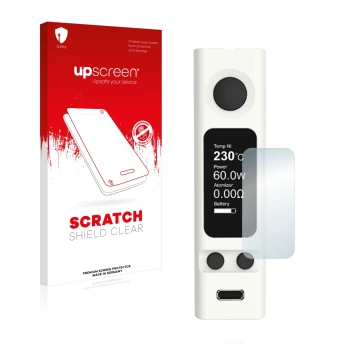 Face avant d’un emballage produit avec le logo de la marque upscreen. À côté, l’appareil Joyetech eVic VTwo Mini est représent