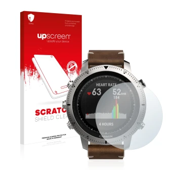 Face avant d’un emballage produit avec le logo de la marque upscreen. À côté, l’appareil Garmin Fenix Chronos est représenté a