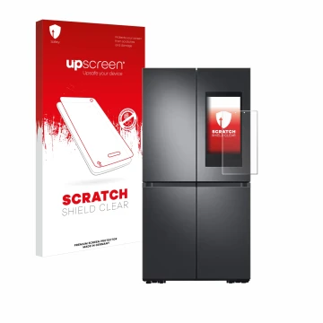 Face avant d’un emballage produit avec le logo de la marque upscreen. À côté, l’appareil Samsung Family Hub 21.5