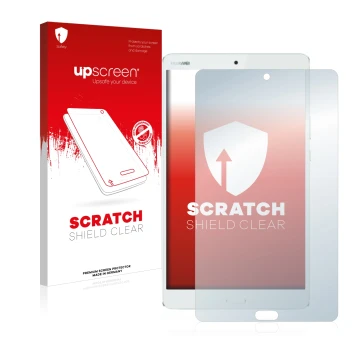 Face avant d’un emballage produit avec le logo de la marque upscreen. À côté, l’appareil Huawei MediaPad M3 8.4 est représenté