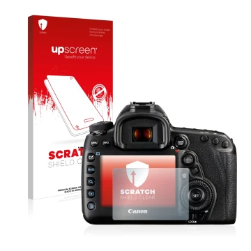 Face avant d’un emballage produit avec le logo de la marque upscreen. À côté, l’appareil Canon EOS 5D Mark IV est représenté a