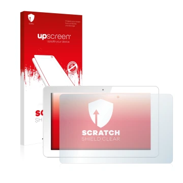 Face avant d’un emballage produit avec le logo de la marque upscreen. À côté, l’appareil Odys Rise 10 Quad est représenté avec