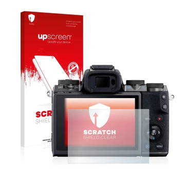 Face avant d’un emballage produit avec le logo de la marque upscreen. À côté, l’appareil Canon EOS M5 est représenté avec la p