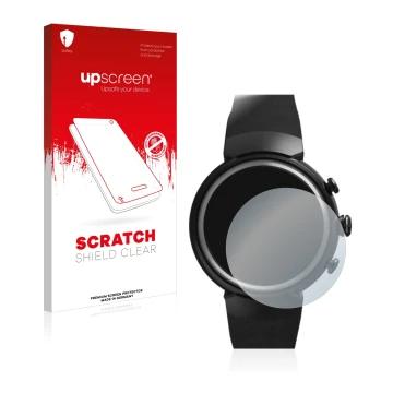 Face avant d’un emballage produit avec le logo de la marque upscreen. À côté, l’appareil ASUS ZenWatch 3 1.39