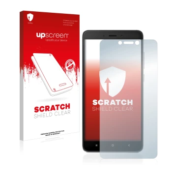 Face avant d’un emballage produit avec le logo de la marque upscreen. À côté, l’appareil Xiaomi Redmi Note 4 est représenté av