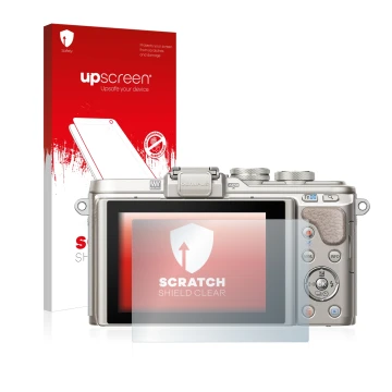 Face avant d’un emballage produit avec le logo de la marque upscreen. À côté, l’appareil Olympus PEN E-PL8 est représenté avec