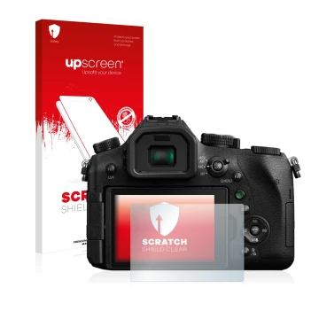 Face avant d’un emballage produit avec le logo de la marque upscreen. À côté, l’appareil Panasonic Lumix DMC-FZ2000 est représ