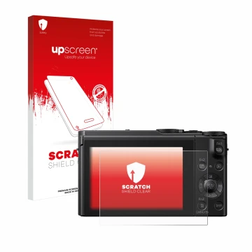 Face avant d’un emballage produit avec le logo de la marque upscreen. À côté, l’appareil Panasonic Lumix DMC-LX15 est représen