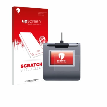 Face avant d’un emballage produit avec le logo de la marque upscreen. À côté, l’appareil Wacom STU-430 est représenté avec la 