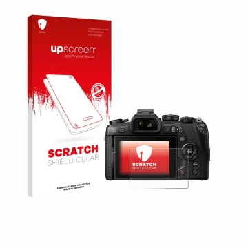 Face avant d’un emballage produit avec le logo de la marque upscreen. À côté, l’appareil Olympus OM-D E-M1 Mark II est représe