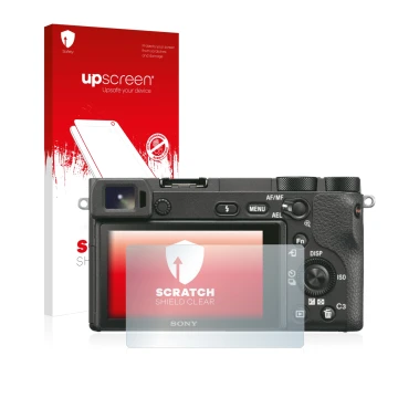 Face avant d’un emballage produit avec le logo de la marque upscreen. À côté, l’appareil Sony Alpha 6500 est représenté avec l