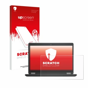 Face avant d’un emballage produit avec le logo de la marque upscreen. À côté, l’appareil Dell Latitude 14 E5450 Non-Touch est 