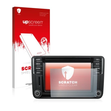 Face avant d’un emballage produit avec le logo de la marque upscreen. À côté, l’appareil Volkswagen T6 2015 Discover Media Plu