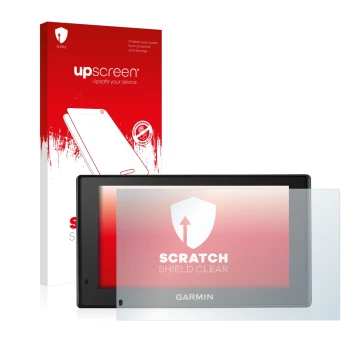 Face avant d’un emballage produit avec le logo de la marque upscreen. À côté, l’appareil Garmin DriveTrack 70LM est représenté