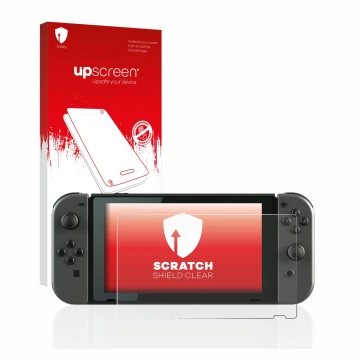 Face avant d’un emballage produit avec le logo de la marque upscreen. À côté, l’appareil Nintendo Switch est représenté avec l