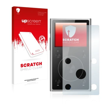 Face avant d’un emballage produit avec le logo de la marque upscreen. À côté, l’appareil FiiO X1 II est représenté avec la pro