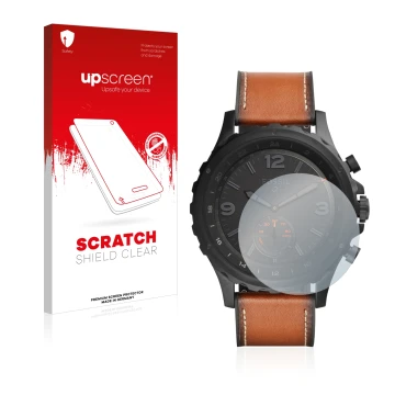 Face avant d’un emballage produit avec le logo de la marque upscreen. À côté, l’appareil Fossil Q Nate est représenté avec la 