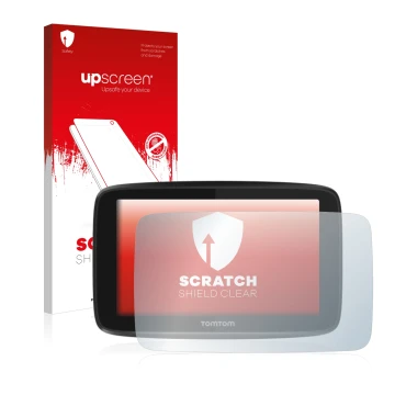 Face avant d’un emballage produit avec le logo de la marque upscreen. À côté, l’appareil TomTom GO 5200 est représenté avec la