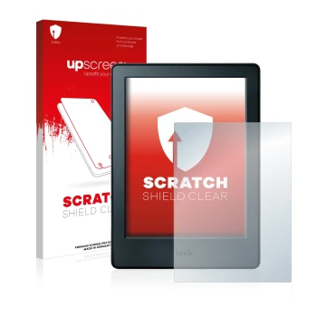 Face avant d’un emballage produit avec le logo de la marque upscreen. À côté, l’appareil Amazon Kindle 2016 (8ème Gen.) est re