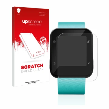 Face avant d’un emballage produit avec le logo de la marque upscreen. À côté, l’appareil Garmin Forerunner 35 est représenté a