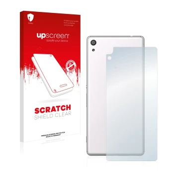 Face avant d’un emballage produit avec le logo de la marque upscreen. À côté, l’appareil Sony Xperia XA Ultra (Arrière) est re