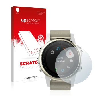 Face avant d’un emballage produit avec le logo de la marque upscreen. À côté, l’appareil Garmin Fenix 5S (42 mm) est représent