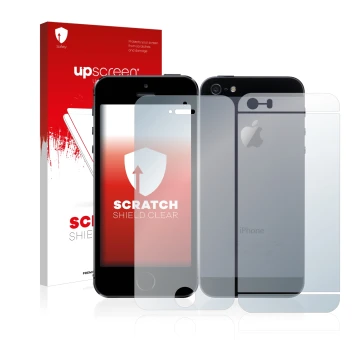 Face avant d’un emballage produit avec le logo de la marque upscreen. À côté, l’appareil Apple iPhone 5S (Avant+Arrière) est r