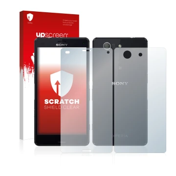 Face avant d’un emballage produit avec le logo de la marque upscreen. À côté, l’appareil Sony Xperia Z3 Compact D5803 (Avant+A