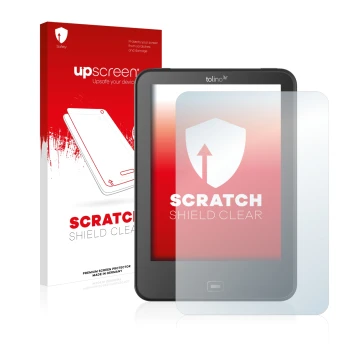 Face avant d’un emballage produit avec le logo de la marque upscreen. À côté, l’appareil Tolino Vision 4 HD est représenté ave