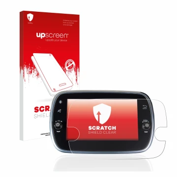 Face avant d’un emballage produit avec le logo de la marque upscreen. À côté, l’appareil Fiat 500 Abarth Uconnet 7
