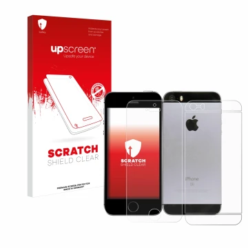 Face avant d’un emballage produit avec le logo de la marque upscreen. À côté, l’appareil Apple iPhone SE 2016 (Avant+Arrière) 