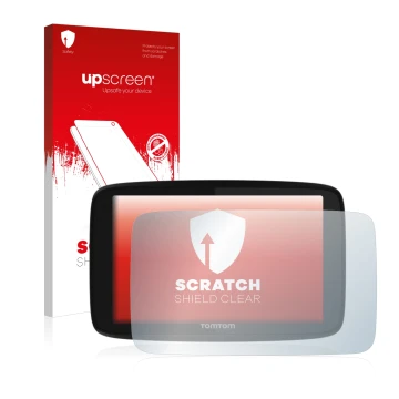 Face avant d’un emballage produit avec le logo de la marque upscreen. À côté, l’appareil TomTom GO 520 est représenté avec la 