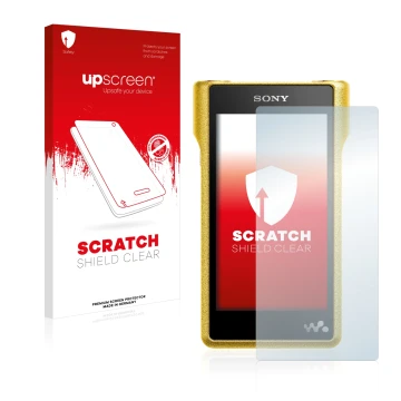 Face avant d’un emballage produit avec le logo de la marque upscreen. À côté, l’appareil Sony Walkman NW-WM1A est représenté a