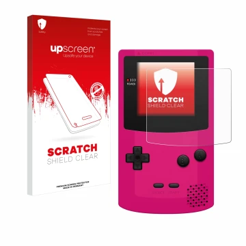 Face avant d’un emballage produit avec le logo de la marque upscreen. À côté, l’appareil Nintendo Gameboy Color est représenté