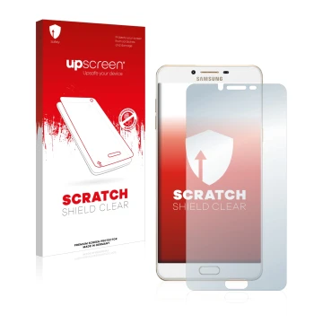 Face avant d’un emballage produit avec le logo de la marque upscreen. À côté, l’appareil Samsung Galaxy C9 Pro est représenté 