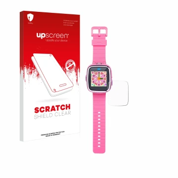 Face avant d’un emballage produit avec le logo de la marque upscreen. À côté, l’appareil Vtech Kidizoom Smart Watch DX est rep