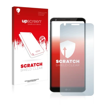 Face avant d’un emballage produit avec le logo de la marque upscreen. À côté, l’appareil LG G6 est représenté avec la protecti