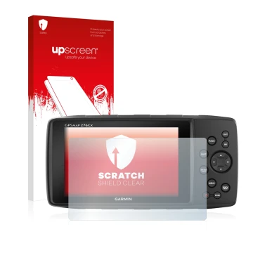 Face avant d’un emballage produit avec le logo de la marque upscreen. À côté, l’appareil Garmin 276Cx est représenté avec la p