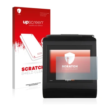 Face avant d’un emballage produit avec le logo de la marque upscreen. À côté, l’appareil Signotec Signature Pad Gamma est repr