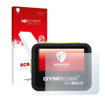 Face avant d’un emballage produit avec le logo de la marque upscreen. À côté, l’appareil Gymboss Minimax est représenté avec l