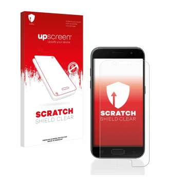 Face avant d’un emballage produit avec le logo de la marque upscreen. À côté, l’appareil Samsung Galaxy A3 2017 est représenté