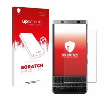 Face avant d’un emballage produit avec le logo de la marque upscreen. À côté, l’appareil BlackBerry Keyone est représenté avec