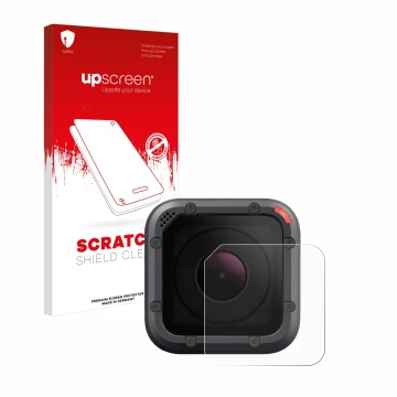 Face avant d’un emballage produit avec le logo de la marque upscreen. À côté, l’appareil GoPro Hero 5 Session Lentille (Caisse