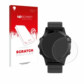 Face avant d’un emballage produit avec le logo de la marque upscreen. À côté, l’appareil Garmin Fenix 5 (47 mm) est représenté