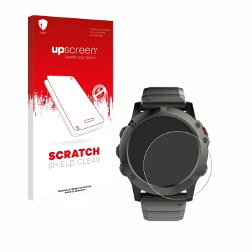 Face avant d’un emballage produit avec le logo de la marque upscreen. À côté, l’appareil Garmin Fenix 5X (51 mm) est représent