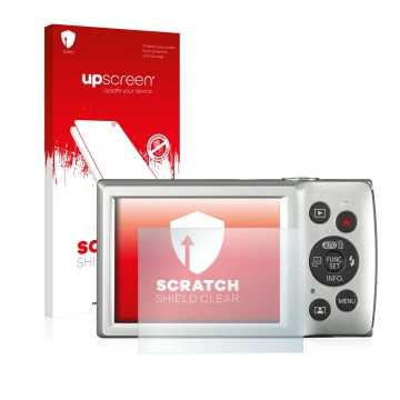 Face avant d’un emballage produit avec le logo de la marque upscreen. À côté, l’appareil Canon Digital Ixus 185 est représenté