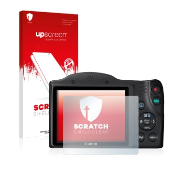 Face avant d’un emballage produit avec le logo de la marque upscreen. À côté, l’appareil Canon PowerShot SX430 IS est représen